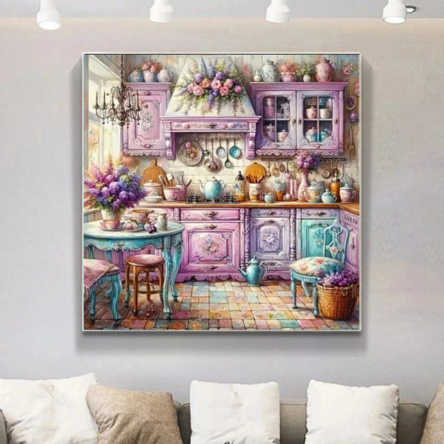 Potdemiel Diamond Painting Set Küche Landschaft Mosaik DIY Bild mit runden Steinen für Anfänger und kreative Geschenke - Bild 1