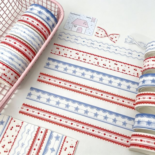 Dekoratives Washi-Klebeband im Kirschstern-Stil für deine Schulschreibwaren, 2/4 Stück, Blau und Mehrfarbig, 5 m pro Rolle - Bild 1