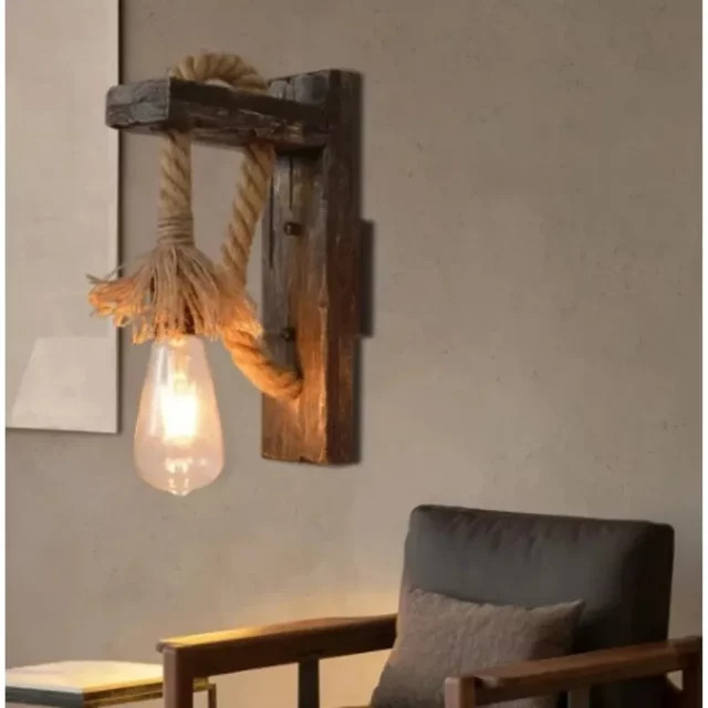 JOYINLED Retro Wandleuchte aus Naturholz mit Hanfseil und transparentem Glas in Braun - Bild 1