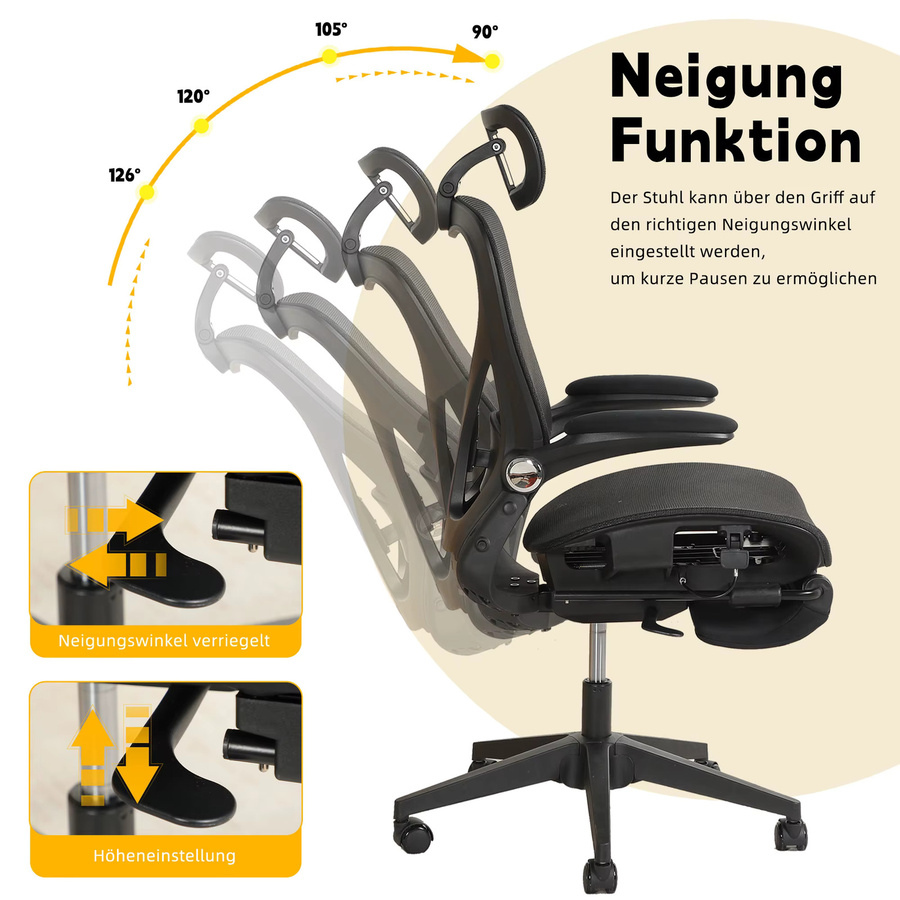Welax Ergonomischer Bürostuhl mit 3D-Kopfstütze, Klappbarer Schreibtischstuhl mit Taillenstütze und klappbaren Armlehnen in Schwarz oder Pink - Bild 5