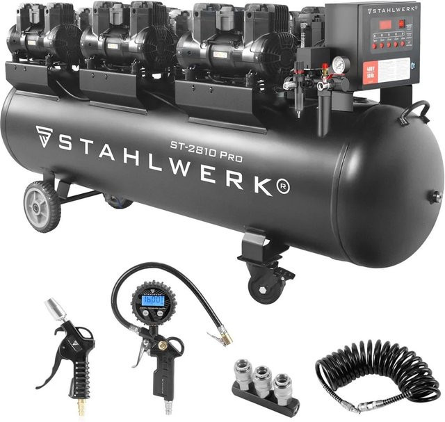 STAHLWERK Kompressor Set in Schwarz mit 280 l Tank, 10 bar Druck und Zubehör wie Reifenfüller, Schlauch, Pistole und Verteiler - Bild 1