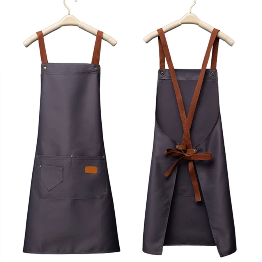 Personalisierte XMSJ Küchenschürze mit Stickerei-Logo in Beige, wasserdichte Latzschürze mit Bauchtasche für Erwachsene zum Kochen und Backen - Bild 2