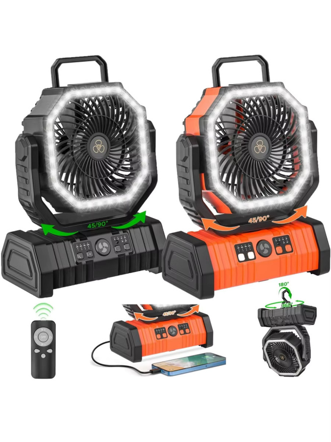 XIAOTREE Camping-Ventilator mit 20000 mAh Akku, wiederaufladbar, mit LED-Licht und Aufhängehaken, erhältlich in Grün oder Orange - Bild 4