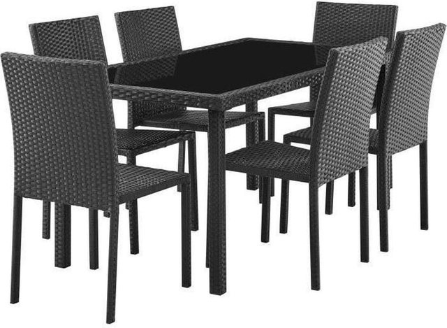 CALVI Garten-Essgruppe mit Tisch aus gehärtetem Glas und 8 schwarzen Stühlen aus Kunstharzgeflecht, Tisch: B: 160 cm, T: 80 cm, H: 73 cm, Stuhl: B: 44 cm, T: 54 cm, H: 88 cm - Bild 1