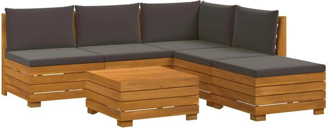 vidaXL Outdoor-Sofagarnitur aus Akazien-Massivholz in L-Form mit 6 Teilen und Kissen, Braun/Dunkelgrau - Bild 1