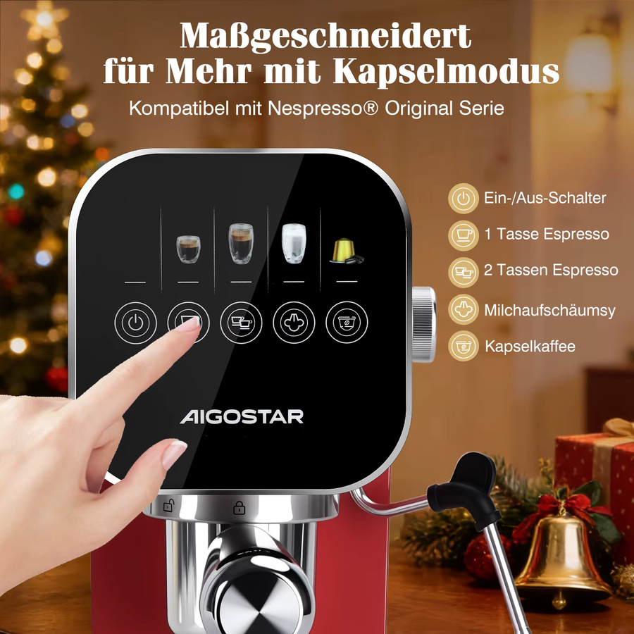 Aigostar Espresso Siebträgermaschine in Rot aus Edelstahl mit 20 Bar Druck, Digitalem Touchpanel, Milchaufschäumer und 0,9 l Wassertank, kompatibel mit Kapseln und gemahlenem Kaffee - Bild 3