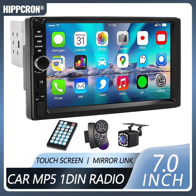 Hippcron 1DIN Multimedia MP5-Player Autoradio mit 7 Zoll HD-Touchscreen, Bluetooth, USB, Aux-Eingang, Mirror Link und Kameraunterstützung in Schwarz - Bild 1