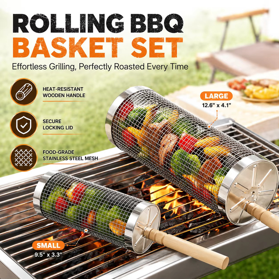 PGY Edelstahl-Grillkorb-Set mit Holzgriff in Silber für BBQ und Camping - Bild 2