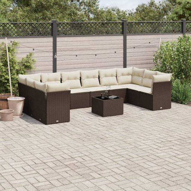 vidaXL 11-tlg. Garten-Sofagarnitur in U-Form aus Polyrattan mit Kissen, Braun - Bild 3