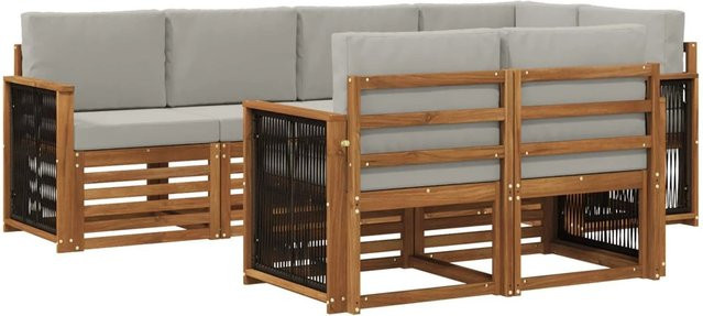 vidaXL Ecksofa Set in L-Form aus massivem Akazienholz mit Kissen in Natur und Hellgrau - Bild 1