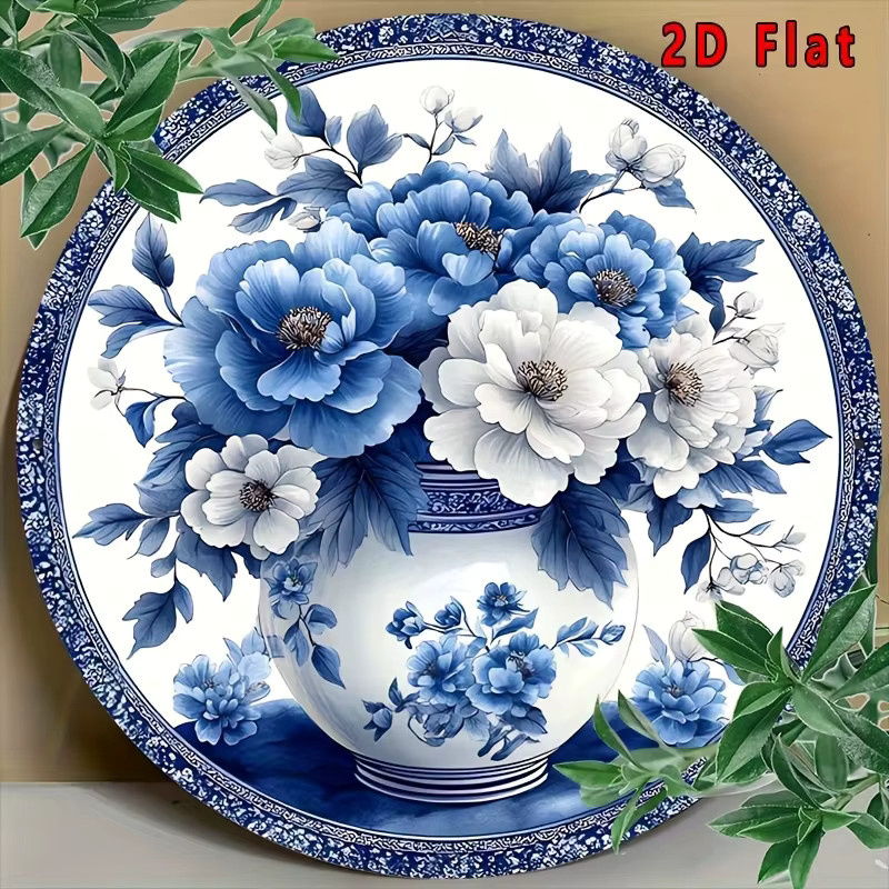 Potdemiel Wanddekoration Porzellan-Thema in Blau und Weiß, runde Metall-Wandplatte mit floralem Design, Durchmesser: 20,32 cm - Bild 3