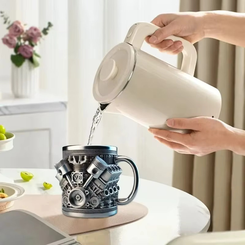 XMSJ 3D V8 V6 Motor Kaffeebecher aus Edelstahl in Silber, isolierter Becher für Mechaniker und Auto-Liebhaber - Bild 4
