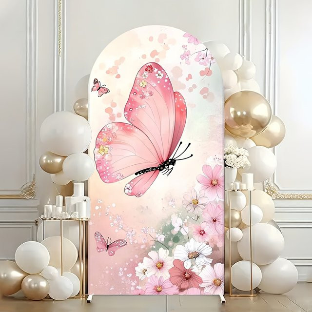 VIKAMA Hintergrundstoff mit Schmetterlings-Motiv in Rosa für Hochzeiten, Geburtstage und Taufen, Wanddekoration rund, Breite: 150 cm, Höhe: 65 cm - Bild 1