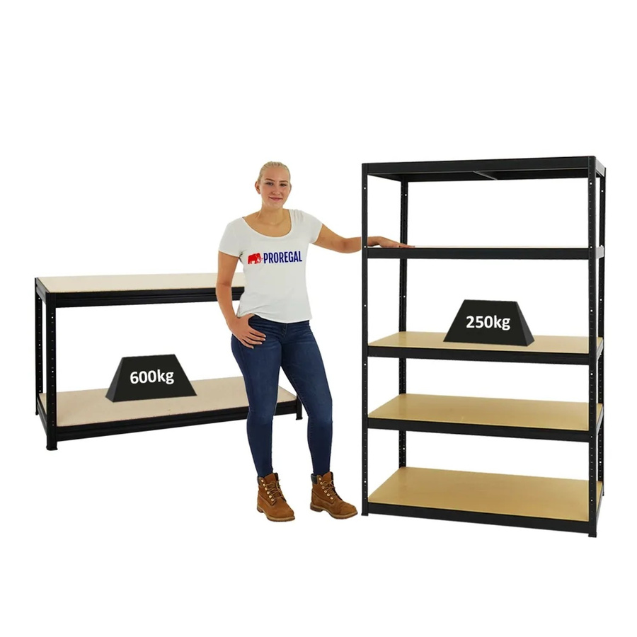 PROREGAL Set aus Schwerlastregal Big Elephant M und höhenverstellbarer Werkbank Big Dino in Schwarz, H: 180 cm, B: 120 cm, T: 60 cm & H: 90 cm, B: 160 cm, T: 60 cm - Bild 2