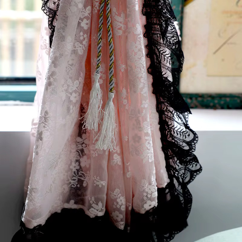 AiFish Jacquard-Vorhang mit floralem Spitzenmuster in Schwarz und Rosa, transparent, Shabby Chic Design - Bild 6