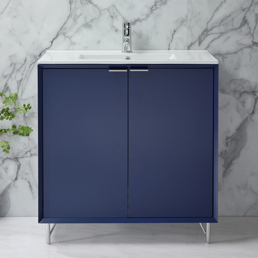 Waschtischunterschrank mit Waschbecken HudsonReed Edge in Dunkelblau Matt mit Soft-Close-Türen und Chrom-Fingergriffen, Breite: 81 cm - Bild 1