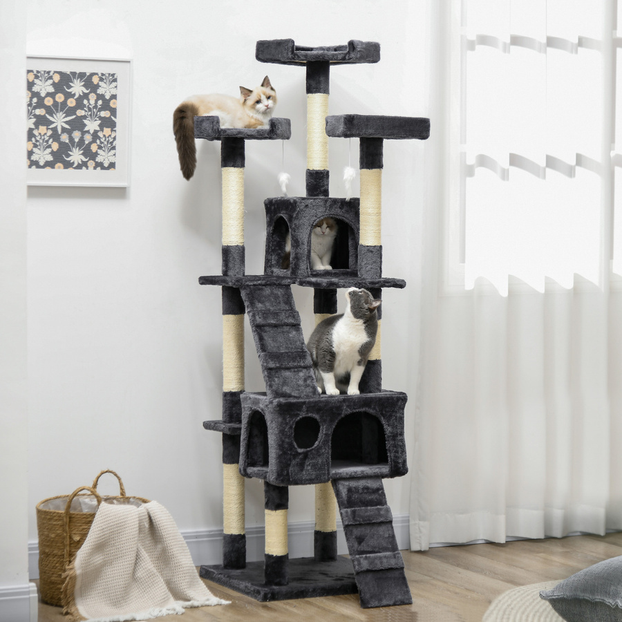 PawHut Kratzbaum Dunkelgrau mit Höhle, Sisalstämmen und integriertem Spielzeug, Höhe: 173 cm - Bild 2