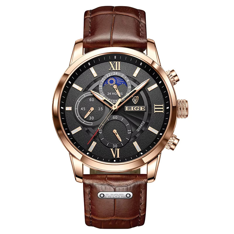 LIGE Armbanduhr Leder, Quarz, Schwarz, Roségold, Herren - Bild 7