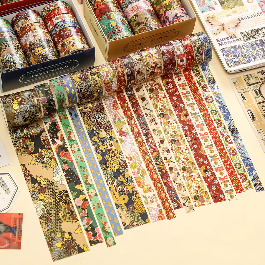Washi-Tape-Set mit Goldfolie und Blumenmuster in Multicolour, 15 Rollen dekoratives Kirschblüten-Klebeband aus Papier für dein DIY-Tagebuch und Scrapbook-Zubehör - Bild 3