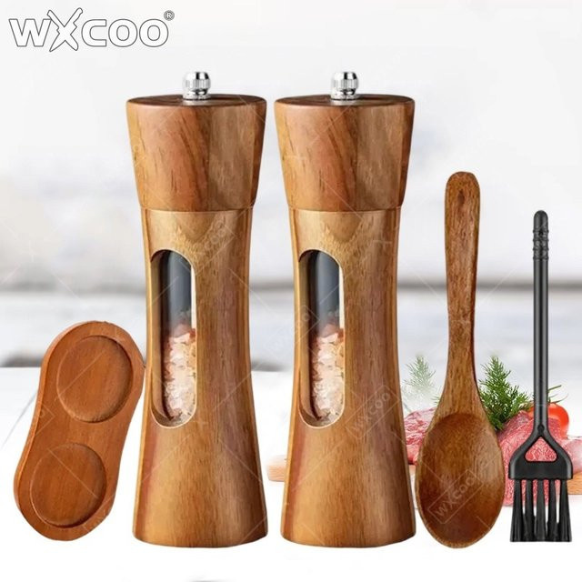 WXCOO Manuelle Salz- und Pfeffermühle aus massivem Holz in Braun mit verstellbarem Keramik-Mahlwerk, rund - Bild 1