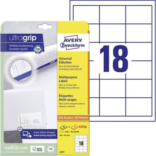 Avery Zweckform 6171 Universal-Etiketten Weiß, 540 Stück, Permanent haftend, B: 64 mm x H: 45 mm, für Tintenstrahldrucker und Laserdrucker - Bild 1