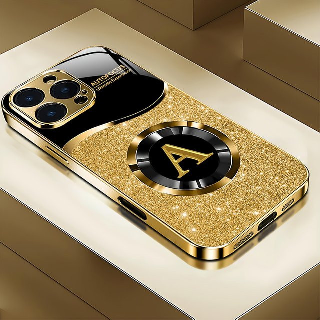 Gold Metallic Lack Glas Handyhülle mit glänzendem Buchstaben-A-Muster für Apple iPhone 11 12 13 14 15 16 17 Pro Max Plus Air 16E - Bild 1