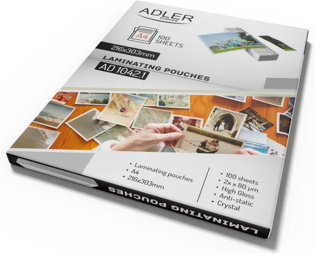 Adler A4-Laminierfolien transparent, 100 Blatt, 2 x 80 Mikrometer, Hochglanz, antistatisch, für Heißlaminierung - Bild 1