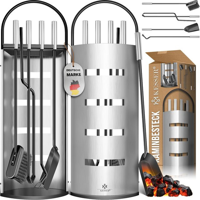 KESSER Kaminbesteck Set 5-teilig in Silber, beschichtete Kamingarnitur mit Besen, Schaufel, Schürhaken, Zange und Ständer mit Sichtschutz aus Edelstahl - Bild 1