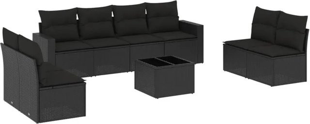 vidaXL 9-tlg. Garten-Sofagarnitur aus Poly-Rattan mit Kissen in Schwarz - Bild 1