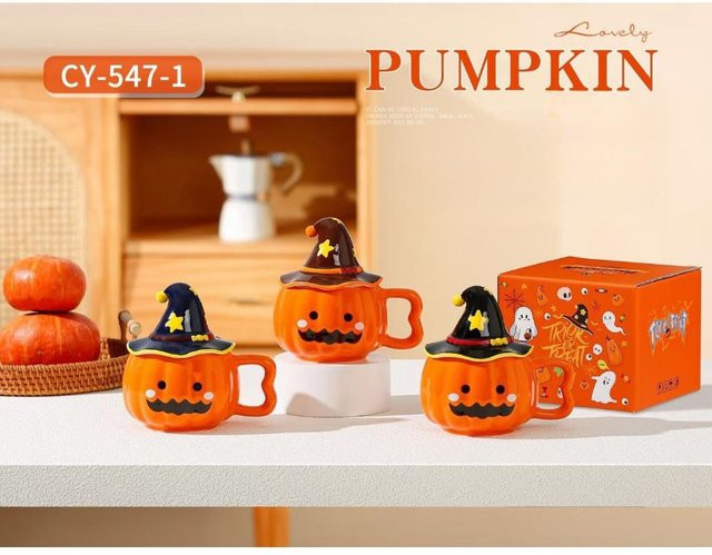 Keramiktasse mit Deckel von Yiran Furniture im Halloween-Design mit Kürbis und Little Ghost, braun und orange, 350,5 ml - Bild 1
