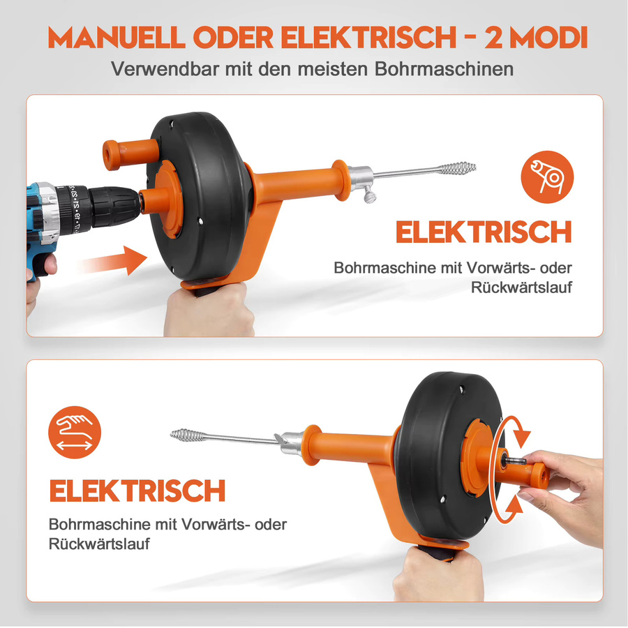 Professionelle Abflussreinigungsspirale 7,6m Flexibler Rohrreiniger für manuelle oder elektrische Anwendung in Grau und Transparent - Bild 5