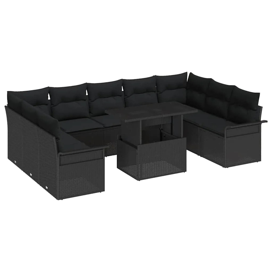 vidaXL Garten-Sofa-Set aus Polyrattan in Schwarz mit Kissen, 10-teiliges Lounge-Set in U-Form - Bild 2
