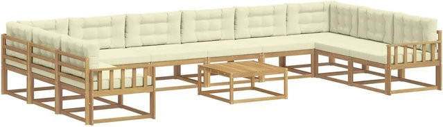 vidaXL Outdoor-Sofagarnitur in U-Form aus Akazienholz mit Kissen, 11-teiliges Set, Weiß - Bild 1
