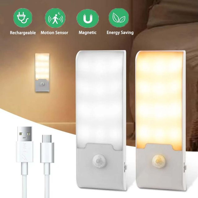 Wiederaufladbares LED-Nachtlicht mit Bewegungsmelder, magnetische Schrankleuchte in Weiß für Schlafzimmer, Küche, Flur und Treppen, warmweiß - Bild 1