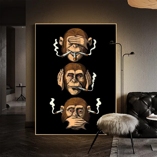 Abstrakte Wandkunst Potdemiel mit rauchendem Affen als mehrfarbiger Leinwanddruck für dein Zuhause - Bild 1