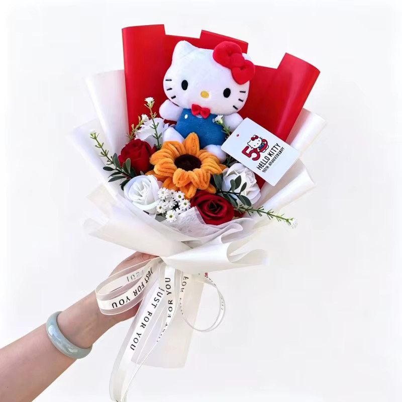 Sanrio Hello Kitty Plüschtier, mit künstlichen Blumen, bunt - Bild 1