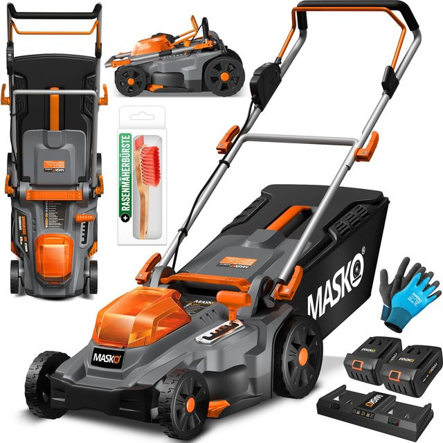 MASKO Akku Rasenmäher ECO-X10 18V mit 2 Akkus 4 Ah, Doppel-Ladegerät, Rasentrimmer, Schnitthöhenverstellung 25-75 mm und Schnittbreite 33 cm, inklusive Handschuhe und Bürste - Bild 1