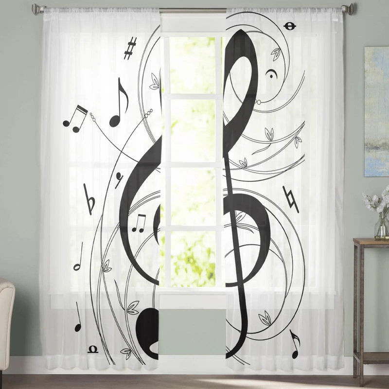 Transparente Voile-Fenstervorhänge mit Musiksymbol-Kunstmotiv von A Family Of Home Textiles in Schwarz-Weiß, Breite: 135 cm, Höhe: 114 cm - Bild 3