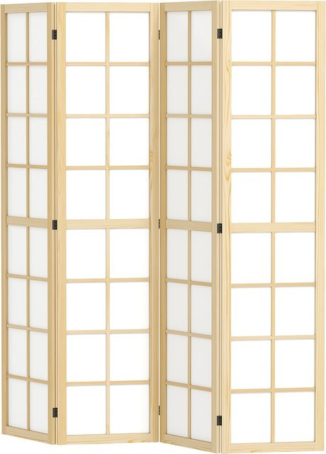 HOMCOM Paravent 4-teilig aus Kiefernholz und Stoff in Braun und Beige, Faltbarer Raumteiler als Sichtschutz mit gitterförmigem Design, Breite: 160 cm, Höhe: 170 cm - Bild 1