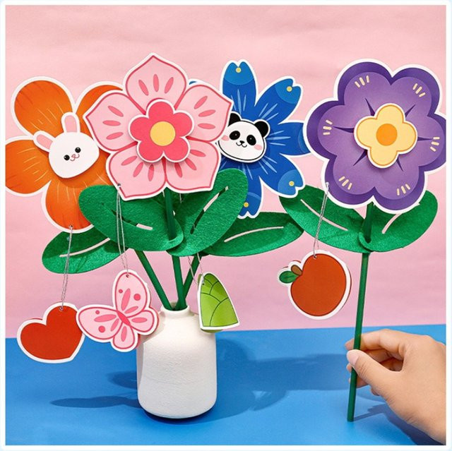 Cartoon DIY Blumen-Grußkarte für Kinder als handgemachtes Bastelset in Rot und Multicolour aus Papier für Schule und Büro - Bild 1