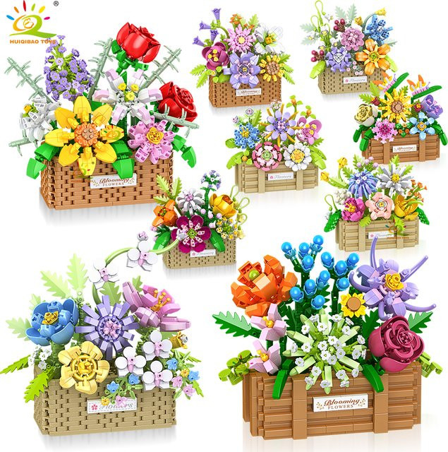 HUIQIBAO Rosen-Sonnenblumen-Blumentopf, Mikro-Baustein-Set, DIY Blumenstrauß-Korb - Bild 1