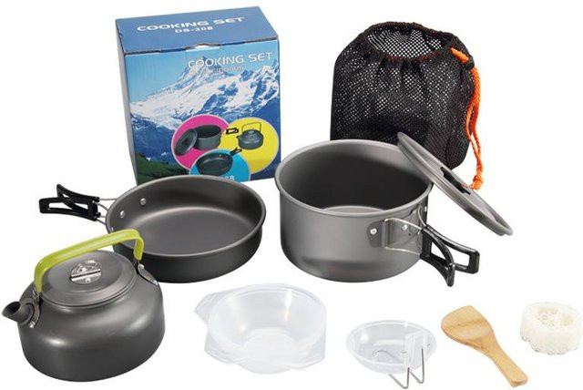 Binchi Outdoor Camping-Kochgeschirr-Set aus Aluminium in Schwarz mit Antihaftbeschichtung, bestehend aus Topf und Bratpfanne - Bild 1