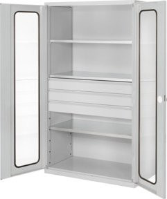 Kappes Großvolumenschrank RasterPlan in Lichtgrau RAL 7035 mit Sichtfenstertüren, Regalböden, Schubladen und Schloss - Bild 1