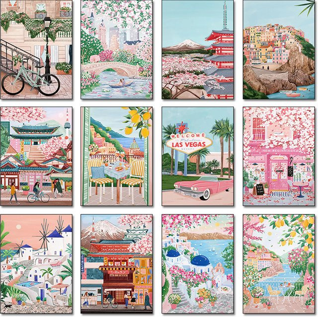 Potdemiel Wandkunst Poster mit modernen Cartoon-Illustrationen von Städten wie Italien, Japan und New York in Mehrfarbig - Bild 1
