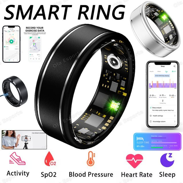 Ola Esporte Smart Ring Schwarz mit Herzfrequenzmessung, Blutdruckkontrolle und Schlafüberwachung, IP68 wasserdicht, Unisex - Bild 1