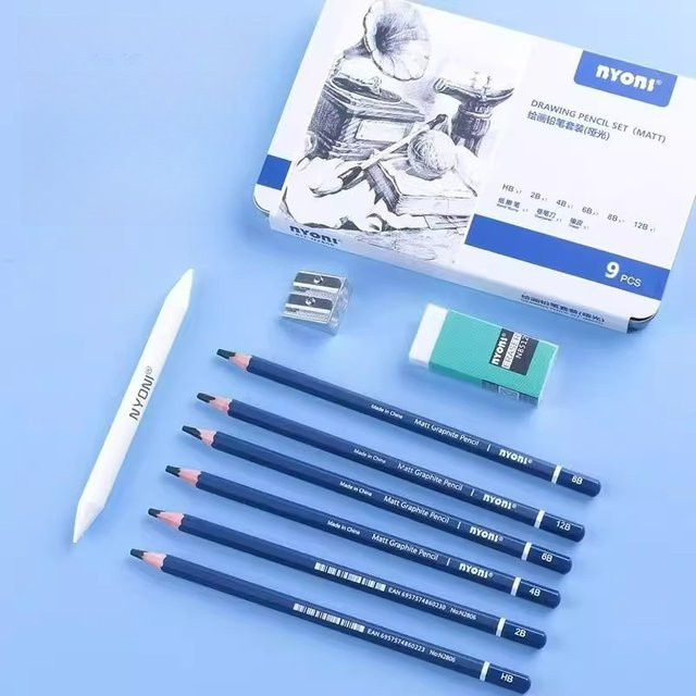 NYONI Skizzenbleistift-Set mit Metall-Etui und Graphit-Werkzeugen für Anfänger inklusive Radiergummi und Mischstumpf - Bild 1