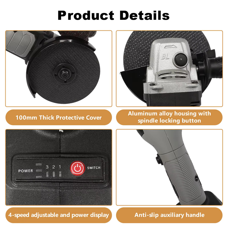 OWJHE Bürstenloser elektrischer Winkelschleifer mit 3 Geschwindigkeiten, 125 mm Schleifmaschine für Makita 21 V Akku - Bild 6