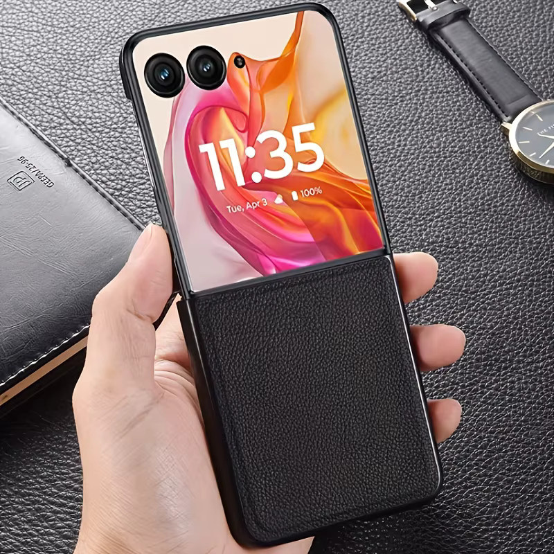 Luxuriöse Business-Style Retro Handyhülle mit Litchi-Muster für Motorola Razr 40, Razr 50 und Razr 70 Ultra in Schwarz, stoßfeste PC-Abdeckung - Bild 1