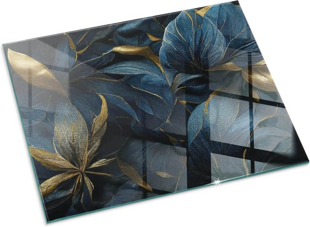 Tulup Glasplatte für Kamin mit Blätter-Textur in Marine Blau, B/H: 80 x 60 cm - Bild 1