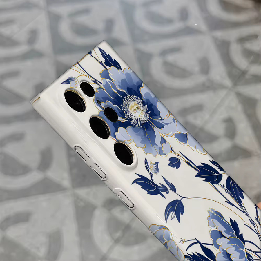 Stoßfeste Doppelschicht Handyhülle mit blau-goldenem Blumenmuster für Samsung Galaxy S25 Ultra, S24 und S23 Ultra Plus - Bild 5